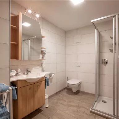 A modern bathroom with a shower, sink, and mirror. Above a wooden dresser lie blue towels.
