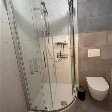 A modern bathroom with a glass shower cabin and stylish tiles. The toilet is placed next to the shower.