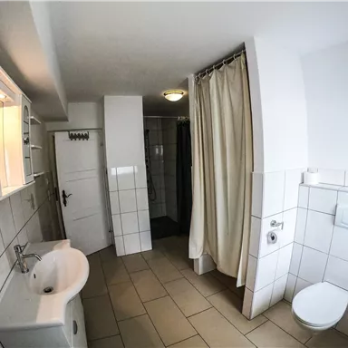 Ein modernes Badezimmer mit Fliesenboden. Es enthält eine Dusche mit Vorhang, ein Waschbecken und eine Toilette.