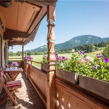 Ein Balkon mit Holzverkleidung, geschmückt mit bunten Blumen. Im Hintergrund erstreckt sich eine grüne Landschaft und sanfte Berge unter einem klaren blauen Himmel.