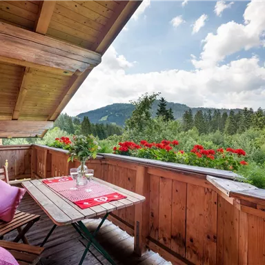 A cozy balcony with wooden cladding and red flowers. In the background, green mountains and a clear sky can be seen.