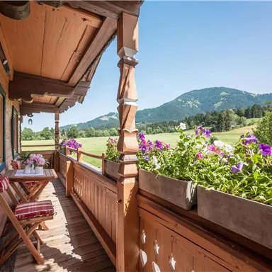 A balcony with wooden cladding, adorned with colorful flowers. In the background, a green landscape and gentle mountains stretch out under a clear blue sky.