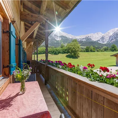A sunny terrace with colorful flowers and a view of the mountains. The sky is clear and the landscape is green.