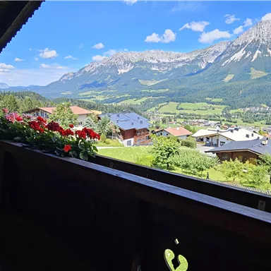 A picturesque view from a balcony overlooking green valleys and majestic mountains. Colorful flowers and a blue sky complete the scenery.