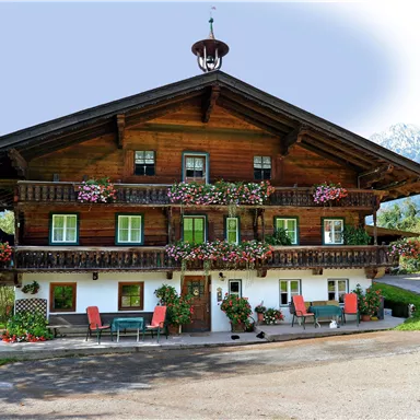 Ein traditionelles Holzhaus mit blühenden Balkonen und einer einladenden Terrasse. Umgeben von einer grünen Landschaft und Bergen im Hintergrund.