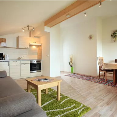 A modern apartment with an open kitchen and a cozy living room. The space is brightly lit and has an inviting atmosphere.
