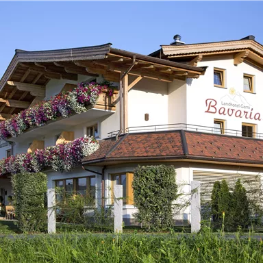 A charming building named "Bavaria" in a picturesque landscape. Colorful flower boxes and a green lawn surround the house.