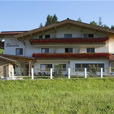 A charming guesthouse with blooming balcony boxes and a cozy wooden addition. Surrounded by a green meadow and mountains in the background.