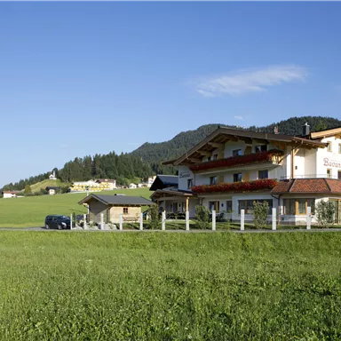 A charming house in a rural setting with green meadows and mountains in the background. The sky is clear and blue.