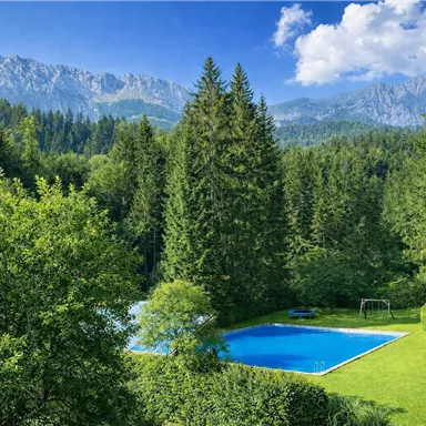 A quiet garden with a blue swimming pool surrounded by tall trees. In the background, beautiful mountains and a clear sky can be seen.