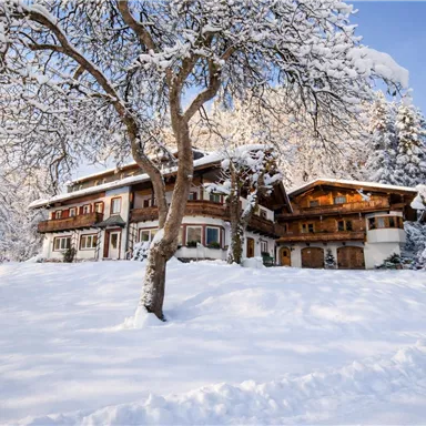 A picturesque, snow-covered country house surrounded by snow-laden trees. The sky is clear and blue, creating a peaceful winter atmosphere.