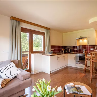 A bright and welcoming apartment with a modern kitchen and cozy living area. Large windows provide plenty of natural light.