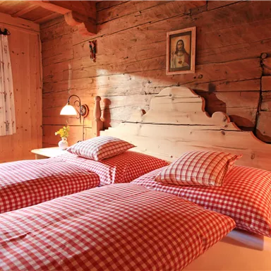 A cozy bedroom with two single beds, adorned with checked bedspreads. The walls are made of wood, and a window lets warm light in.