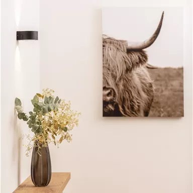 A stylish interior view with a wooden console table and an elegant vase filled with dried flowers. An artistic picture of a highland cow in sepia tone hangs on the wall.