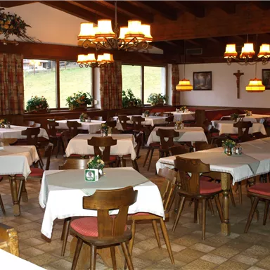 A cozy restaurant with wooden tables and chairs. The tables are carefully set, and there are plants and windows overlooking greenery.