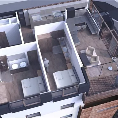Eine moderne Wohnung mit offenem Grundriss und einem großen Balkon. Die Räume sind hell und einladend gestaltet.