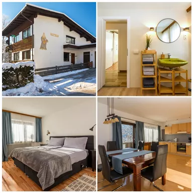A modern house in the snow with an inviting entrance.
Interiors featuring a cozy bedroom, a modern kitchen, and a stylish dining area.