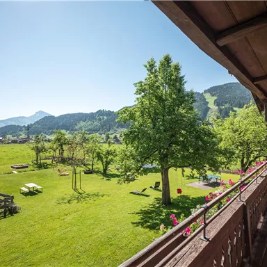 A beautiful view of a green meadow with trees and mountains in the background. The sun is shining and the sky is clear.