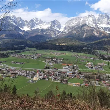 Eine malerische Landschaft mit einem kleinen Dorf inmitten grüner Wiesen und schneebedeckten Bergen. Der Himmel ist teilweise bewölkt, was das Bild besonders eindrucksvoll macht.