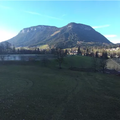 Eine sanfte Landschaft mit grünen Wiesen und Bergen im Hintergrund. Der Himmel ist blau und klar.