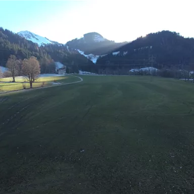 Eine weite grüne Wiese umgeben von sanften Hügeln und schneebedeckten Bergen. Die Sonne scheint durch die Bäume und schafft eine ruhige Atmosphäre.