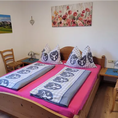 Ein einladendes Schlafzimmer mit einem großen Doppelbett und bunten Kissen. An der Wand hängt ein Kunstwerk mit Blumenmotiven.