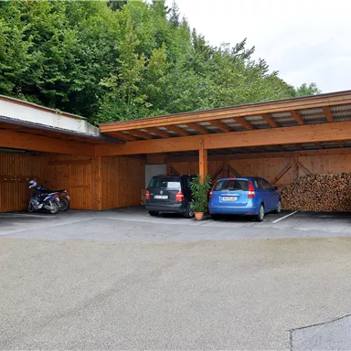 A covered parking space with two cars and a motorcycle. In the background, there are wood piles and a lot of greenery.