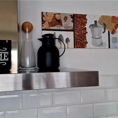 Eine moderne Küche mit einer eleganten Metallabdeckung. Auf der Ablage stehen eine Glaskaraffe, ein schwarzer Kaffeebehälter und eine dekorative Wandgestaltung mit Kaffee- und Keksbildern.