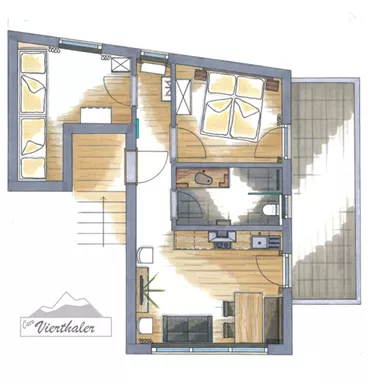 A floor plan drawing of an apartment with two bedrooms, a living room, and a kitchenette. The space is designed to be bright and spacious.