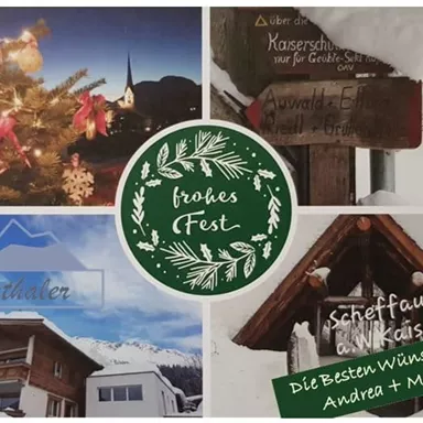 A festive collage featuring images of a Christmas tree, snow-covered landscapes, and cozy buildings. Text elements wish a Merry Christmas from Andrea and Martin.