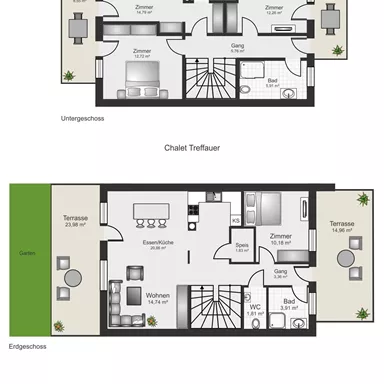Ein Grundriss eines Chalets, unterteilt in zwei Etagen. Oben sind die Räume des Untergeschosses dargestellt, darunter die Räume des Erdgeschosses mit Terrassen.