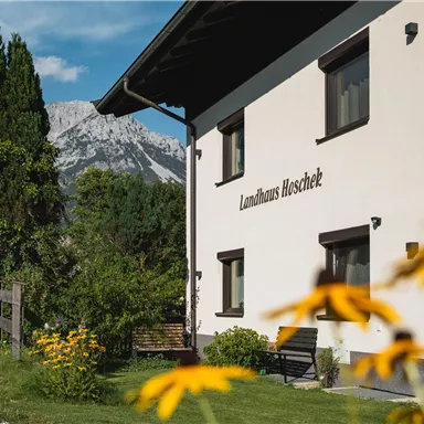 A lovely country house with an inviting garden and colorful flowers. In the background, the mountains are visible and the sky is clear.