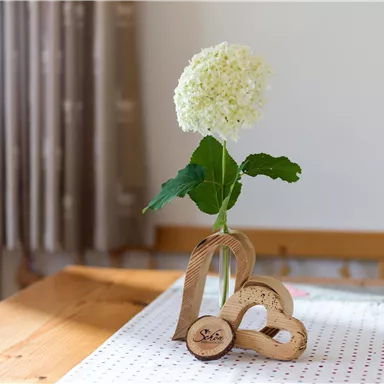 Eine elegante Dekoration mit einer weißen Blume in einer Vase und herzförmigen Holzfiguren. Der Tisch ist aus Holz und mit einem roten gepunkteten Tischläufer bedeckt.