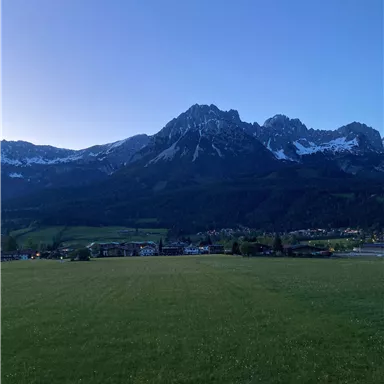 A beautiful mountain landscape with snow-capped peaks and green meadows. The clear sky provides a perfect view of nature.