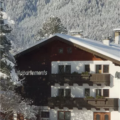 Ein schöner, schneebedeckter Ferienhaus mit Balkonen. Im Hintergrund sind bewaldete Berge zu sehen.