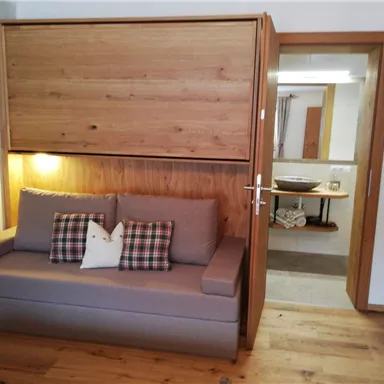 Ein modernes Wohnzimmer mit einem grauen Sofa und Holzpaneelen. Im Hintergrund ist ein Badezimmer sichtbar, das einen eleganten Stil hat.