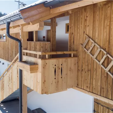 A modern wooden house with a balcony and a ladder. Snow-covered mountains can be seen in the background.