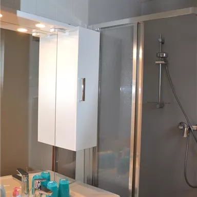 A modern bathroom with a sink and a shower. The walls are light and there are various toiletries on the shelf.