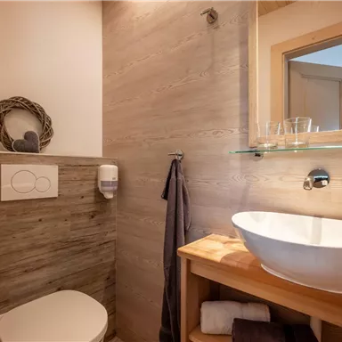 A modern bathroom with wooden walls and elegant sanitary facilities. The sink is placed on a wooden shelf, and a large window provides natural light.