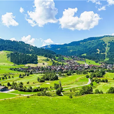A picturesque landscape with green meadows and gentle hills. In the background, you can see a small town surrounded by mountains and a blue sky.