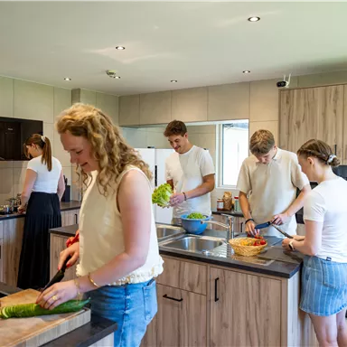 A group of five people is preparing meals in a modern kitchen. They are chopping vegetables and working together intently.