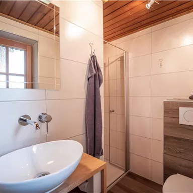 A modern bathroom with a shower, a sink, and wooden details. There is a window front that lets in natural light.