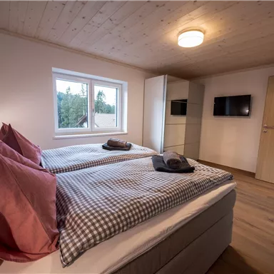 A modern bedroom with two single beds and cozy pillows. There is a window, a television, and a wardrobe.