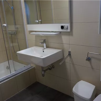 Ein modernes Badezimmer mit einer Dusche, einem Waschbecken und einer Toilette. Die Wände sind in neutralen Farben gehalten und das Ambiente wirkt sauber und funktional.