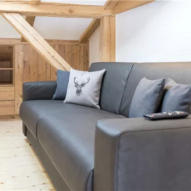 A modern living room with a gray sofa and cushions. In the background, wooden furniture and a cozy atmosphere can be seen.