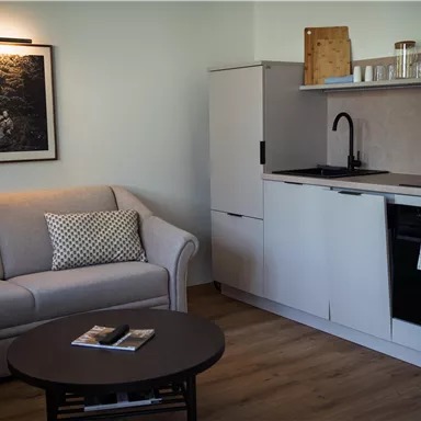 Ein modernes Wohnzimmer mit einem bequemen Sofa und einem Tisch. Die Küche ist hell und gut ausgestattet.