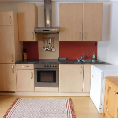 Eine moderne Küche mit Holzschränken und einem integrierten Herd. Die Küche enthält auch einen Kühlschrank und ist gut ausgestattet.