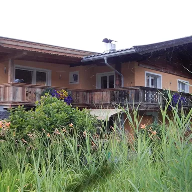 A beautiful house with a balcony and many plants. Mountains can be seen in the background.