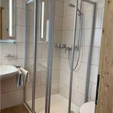 A modern bathroom with a spacious glass shower. On the wall, there is a sink and a toilet.