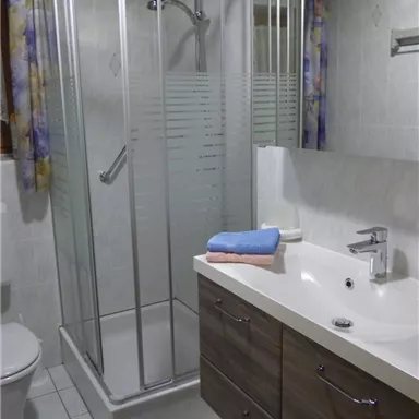 A modern bathroom with a shower cabin and a sink. The walls are light tiled and there are wooden cabinets for storage.